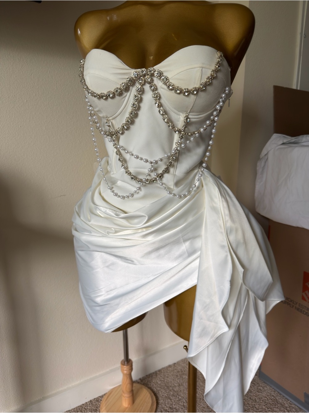Ivory Strapless Pearl & Crystal Draped Mini Dress
